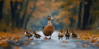 Female mallard duck leading five ducklings through fallen autumn leaves on forest path. Orange and blue tones create magical woodland atmosphere.