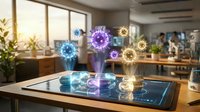 Holographic virus particles floating above tablet screen in modern office workspace with colleagues working in background and natural light from windows.