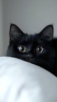 Curious black cat with bright yellow eyes peeking over white pillow, close-up portrait showing expressive gaze and whiskers against light background.