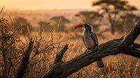 Red-billed hornbill perched on dead tree branch during golden hour sunset in African savanna landscape with acacia trees and warm orange light.
