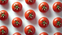 Fresh ripe tomatoes with water drops on white background, top view. Organic cherry tomatoes pattern with green stems for food design and packaging.