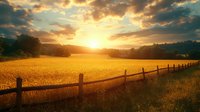 Golden wheat field at sunset with wooden fence stretching into distance, dramatic orange sky and sunburst through clouds, rural countryside landscape.