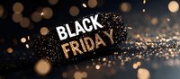 Black Friday text in gold and white glitter letters on dark background with blurred bokeh lights and sparkles creating festive shopping atmosphere.