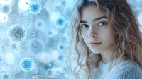 Young Caucasian woman with long wavy hair and blue eyes against blurred background with floating blue virus cells, representing health protection and immunity concept.
