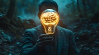 Surreal glowing brain inside lightbulb held by man in dark forest setting, creative concept representing innovation, ideas and mental illumination. Artistic digital composition.