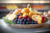 Fresh mixed fruit basket with oranges, berries, bananas and seasonal produce arranged on wicker tray for healthy eating and nutrition concepts.