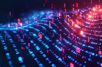 Digital binary code matrix in vibrant neon blue and pink colors flowing in wave pattern, abstract technology background for data visualization projects.
