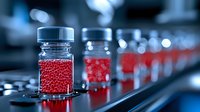 Red spherical particles in laboratory glass vials arranged in row on automated production line. Scientific research and pharmaceutical manufacturing concept.