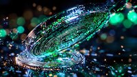Futuristic spiral light trails in blue and green neon colors against dark background with bokeh effects create dynamic motion and technology concept.