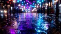 Wet cobblestone street reflecting vibrant colorful lights at night, creating a magical urban atmosphere for background or wallpaper design.