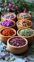 Wooden bowls filled with colorful dried herbs, spices and flower petals for natural medicine, aromatherapy and herbal tea blends on rustic surface.