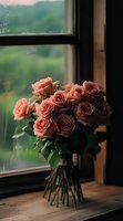 Fresh coral roses bouquet on wooden windowsill against blurred green landscape background, creating romantic mood for greeting cards and wedding designs.