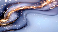 Abstract luxury background with flowing navy blue and gold waves, glitter particles and marble texture creating elegant fluid art design pattern.