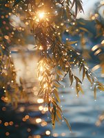Sunlight filtering through willow branches creates magical bokeh effect over water surface, with golden hour glow and dreamy atmosphere for nature backgrounds.