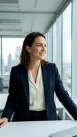 Confident businesswoman in navy blazer and cream blouse standing at modern office desk with city skyline view through floor-to-ceiling windows, suitable for corporate and professional themes.