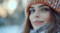 Young woman wearing orange knit beanie and gray scarf smiling outdoors on cold winter day with soft bokeh background and natural lighting.