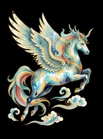 Ornate winged pegasus with decorative gold, turquoise, and coral details, isolated on transparent background. Ready for t-shirt design, clipart, stickers, sublimation, and print-on-demand products.