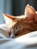 Sleeping ginger cat close-up on white bedding with soft morning light highlighting fur texture and ears. Peaceful pet portrait showing relaxation and comfort.