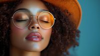 Close up portrait of young African American woman with natural curly hair wearing round glasses and orange hat against blue background. Peaceful expression.