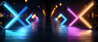 Glowing neon geometric shapes reflect on wet surface with colorful bokeh lights creating futuristic nightclub atmosphere against dark background.