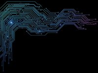 Digital circuit board pattern with glowing blue and purple electronic pathways on black background for technology and computing designs.