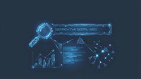 Digital search interface with glowing blue wireframe elements including magnifying glass, data charts, and network connections on dark background.