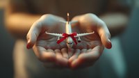 Small red and white drone hovering above cupped hands in protective gesture, symbolizing technology care, innovation safety and aerial device protection.