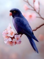 Navy blue parrot perched on delicate pink cherry blossom branch against soft bokeh background, showcasing contrast between dark feathers and gentle spring flowers.