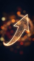Glowing golden arrow pointing upward with sparkling particles against blurred bokeh lights background symbolizing growth, success and progress in business.