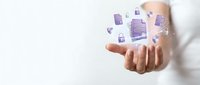 Hand presenting floating purple digital documents and files with data management icons for business technology solutions.