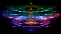Glowing silhouette of woman in meditation pose surrounded by colorful energy waves and light trails creating spiritual healing atmosphere on black background.