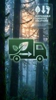 Sustainable logistics solutions concept with eco-friendly delivery truck icon and carbon reduction commitment message in misty forest environment.