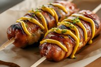 Grilled sausages on wooden skewers with yellow mustard drizzle and fresh herbs, served on brown kraft paper. Close up view of juicy barbecue meat.