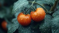 Fresh ripe tomatoes with water drops on green leaves in garden. Natural morning dew creates artistic composition showing organic produce freshness.
