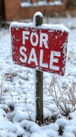 Red for sale sign covered in snow during winter real estate market slowdown with residential property background.