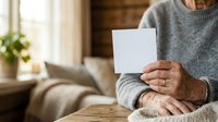 Senior man holding blank white card in living room with natural light, suitable for greeting cards, announcements, promotions, and marketing campaigns.