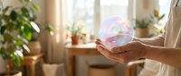 Woman holding colorful soap bubble in bright sunlit room with houseplants creating magical moment of wonder and playfulness in cozy home interior.