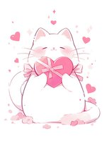 Cute white cat holding pink heart gift box with bow, surrounded by floating hearts and sparkles on white background. Kawaii anime style illustration for Valentine's Day.