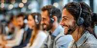 Diverse customer service team with headsets working in modern call center, providing professional support with positive attitude.
