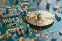Cryptocurrency coin resting on circuit board with microchips and electronic components, representing digital currency, blockchain technology, and financial innovation in computing.
