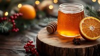 Golden honey jar with wooden dipper, fresh orange slices, star anise and red berries on rustic wood slice against blurred Christmas lights and pine branches background.