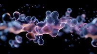 Abstract fluid shapes in pink and blue colors floating on black background create ethereal cosmic effect with glowing translucent bubbles and organic forms in motion.