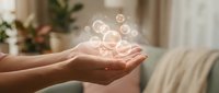 Hands cupped together holding glowing translucent spheres floating above palms in a soft cozy living room, symbolizing healing energy and wellness.