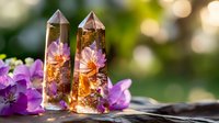 Crystal towers with delicate pink flowers encased in clear resin, set against natural bokeh background, creating mystical healing atmosphere for spa and wellness.