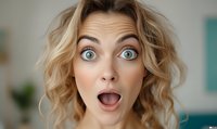 Close-up portrait of surprised young woman with blonde wavy hair and bright blue eyes expressing shock and excitement with open mouth and wide-eyed expression.