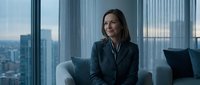 Professional businesswoman in dark blazer sitting confidently on modern sofa in luxury office with city skyline view through floor-to-ceiling windows.