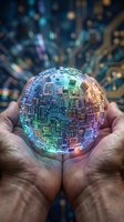 Hand holding glowing digital sphere with circuit board patterns and neon lights, representing technology innovation, artificial intelligence, and digital transformation in modern business and computing.