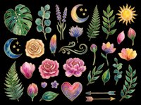 Watercolor botanical clipart set with flowers, leaves, moon, sun, and arrows isolated on transparent background. For stickers, t-shirt design, print on demand, sublimation.