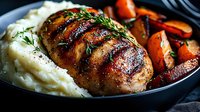 Grilled chicken breast with herbs served alongside creamy mashed potatoes and roasted carrots on dark plate for gourmet dining and restaurant menu presentation.