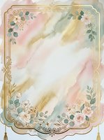 Watercolor abstract background with soft pastel strokes in pink, gold, and green tones, ornate gold frame with floral botanical elements and tassels, isolated on white for design projects.